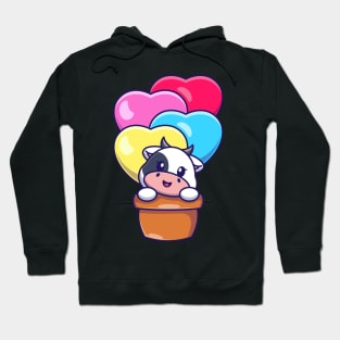 Cute cow flying with love balloon cartoon Hoodie